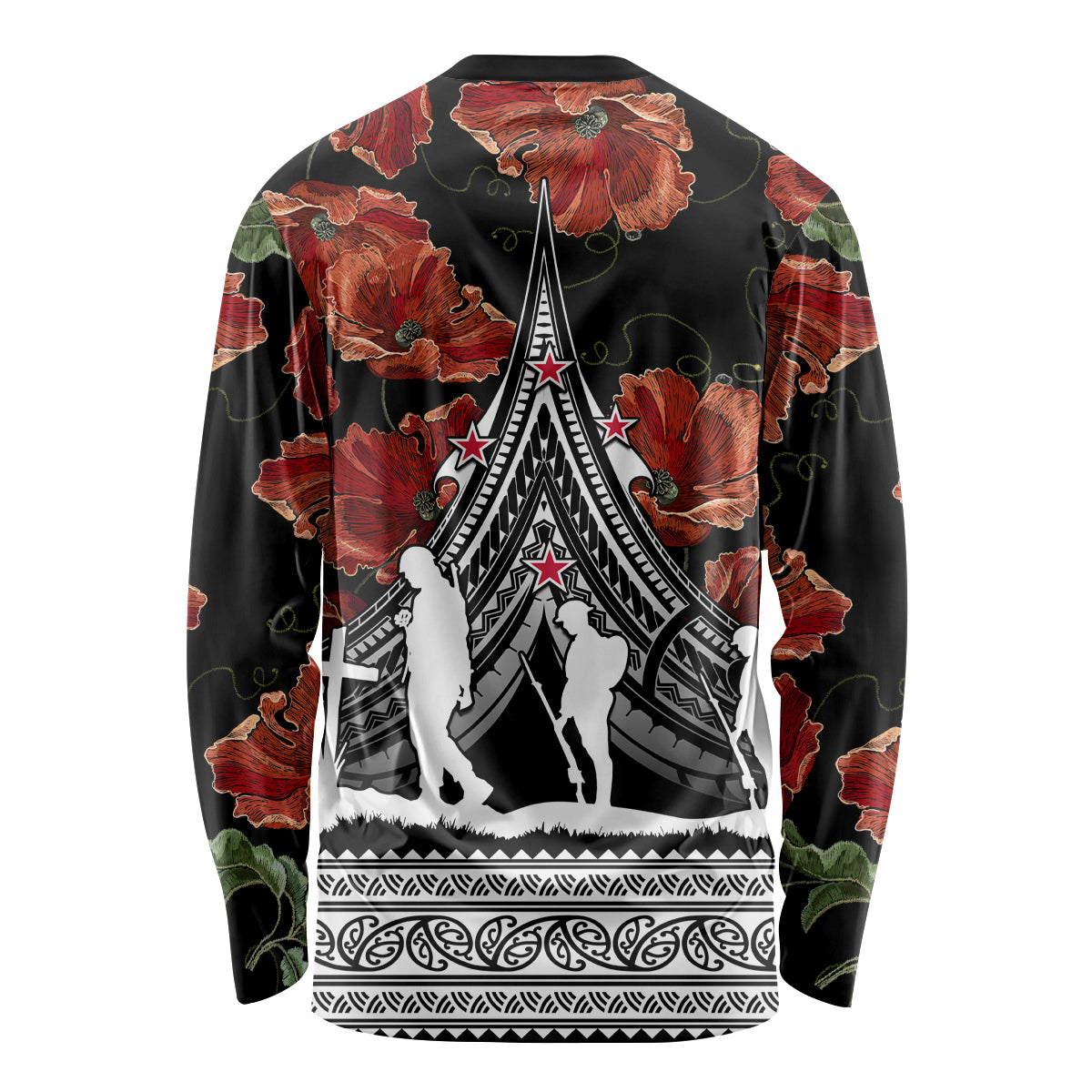 New Zealand ANZAC Day Long Sleeve Shirt Poppy With Polynesian Pattern - Wonder Print Shop