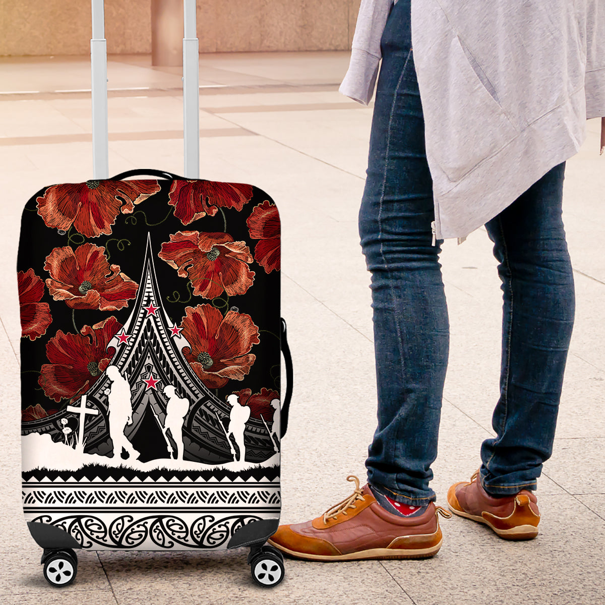 New Zealand ANZAC Day Luggage Cover Poppy With Polynesian Pattern - Wonder Print Shop