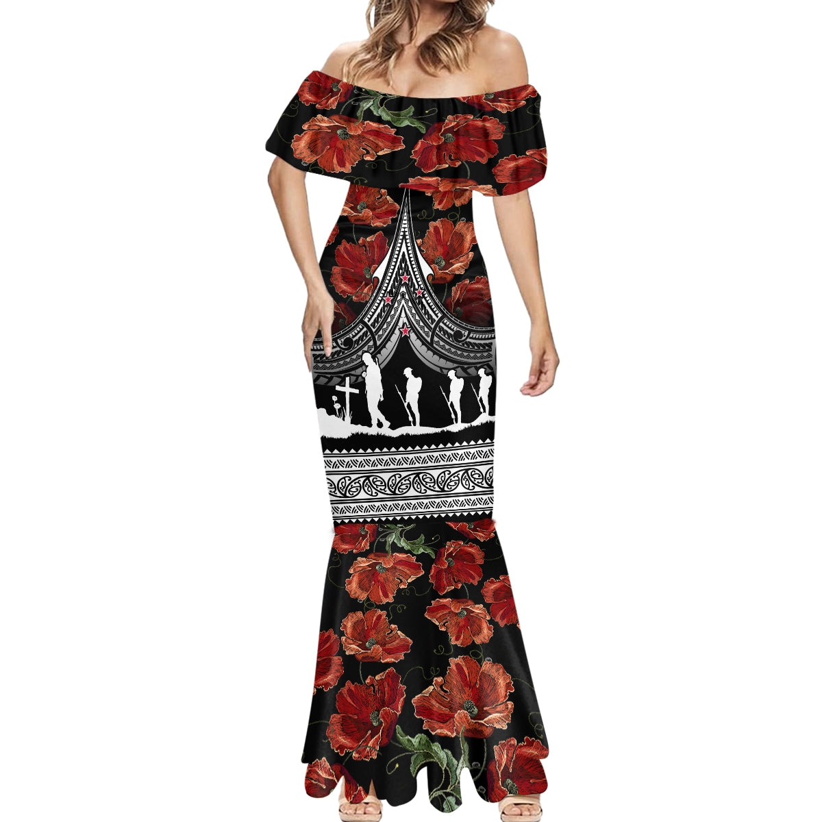 New Zealand ANZAC Day Mermaid Dress Poppy With Polynesian Pattern - Wonder Print Shop