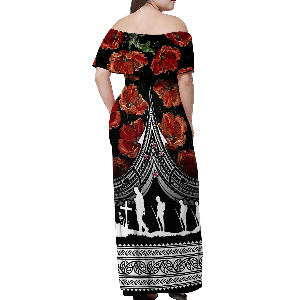 New Zealand ANZAC Day Off Shoulder Maxi Dress Poppy With Polynesian Pattern - Wonder Print Shop