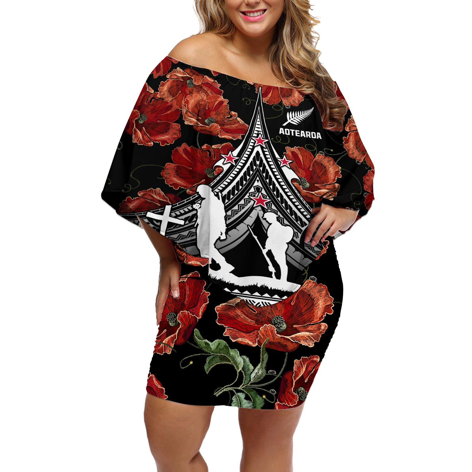 New Zealand ANZAC Day Off Shoulder Short Dress Poppy With Polynesian Pattern - Wonder Print Shop