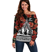 New Zealand ANZAC Day Off Shoulder Sweater Poppy With Polynesian Pattern - Wonder Print Shop