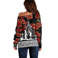 New Zealand ANZAC Day Off Shoulder Sweater Poppy With Polynesian Pattern - Wonder Print Shop