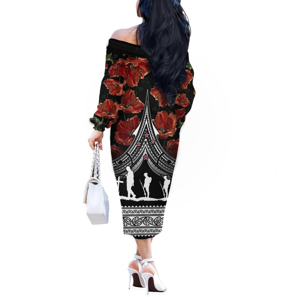 New Zealand ANZAC Day Off The Shoulder Long Sleeve Dress Poppy With Polynesian Pattern - Wonder Print Shop