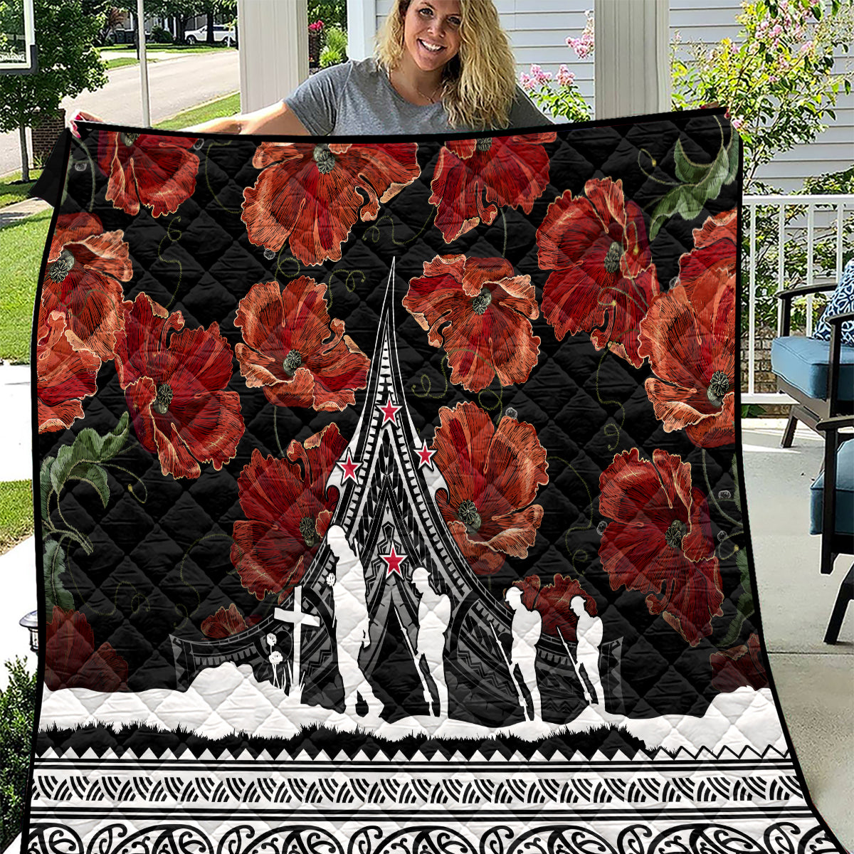 New Zealand ANZAC Day Quilt Poppy With Polynesian Pattern - Wonder Print Shop