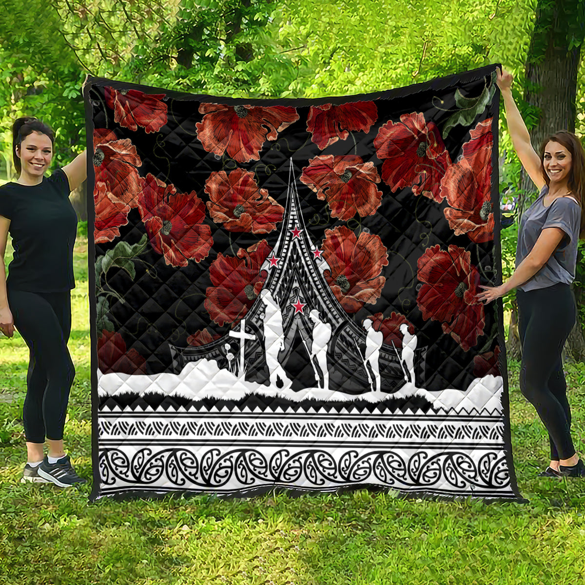 New Zealand ANZAC Day Quilt Poppy With Polynesian Pattern - Wonder Print Shop