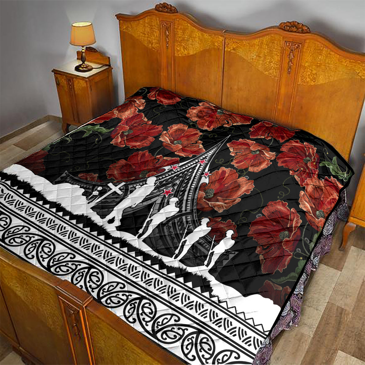 New Zealand ANZAC Day Quilt Poppy With Polynesian Pattern - Wonder Print Shop