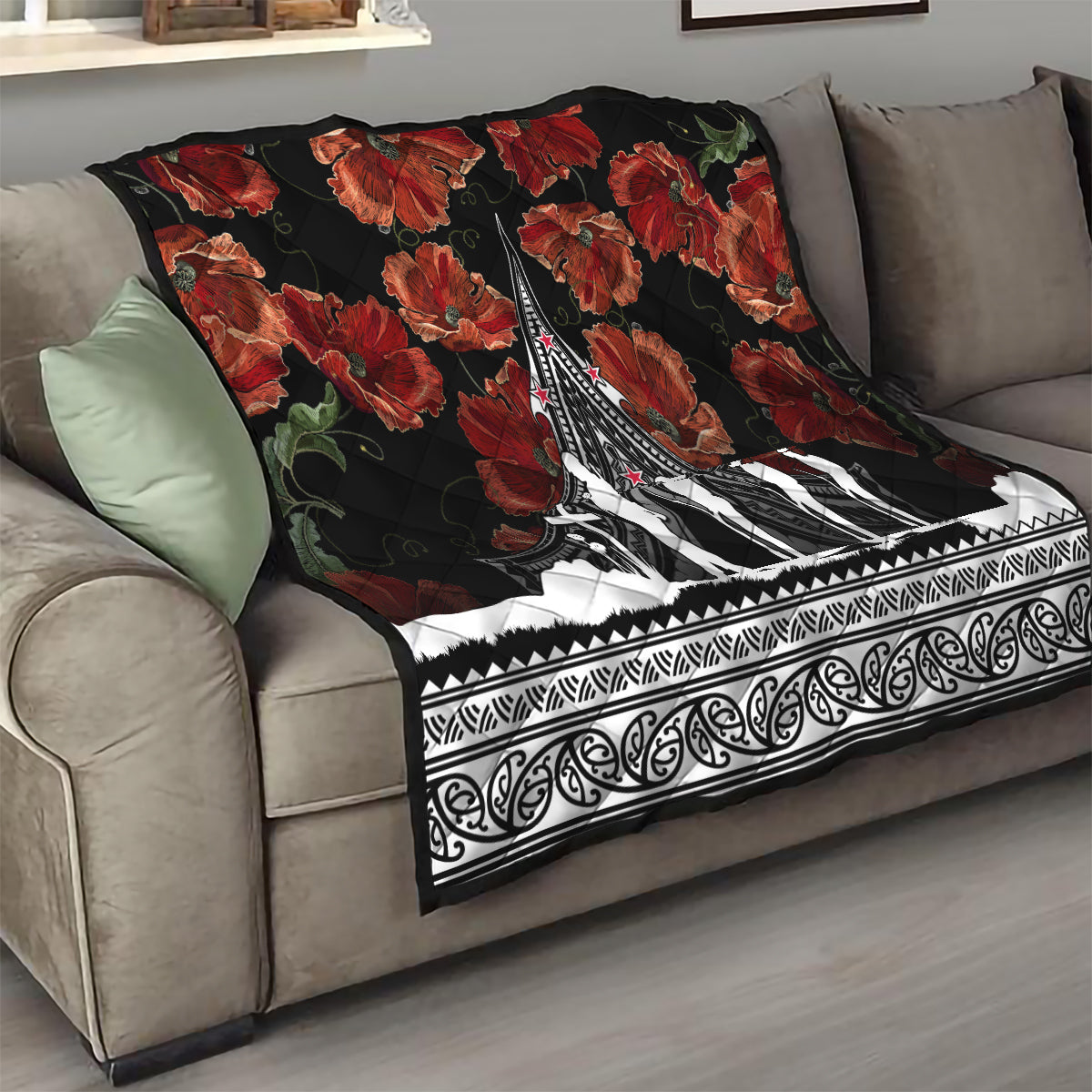New Zealand ANZAC Day Quilt Poppy With Polynesian Pattern - Wonder Print Shop
