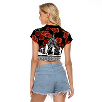 New Zealand ANZAC Day Raglan Cropped T Shirt Poppy With Polynesian Pattern - Wonder Print Shop