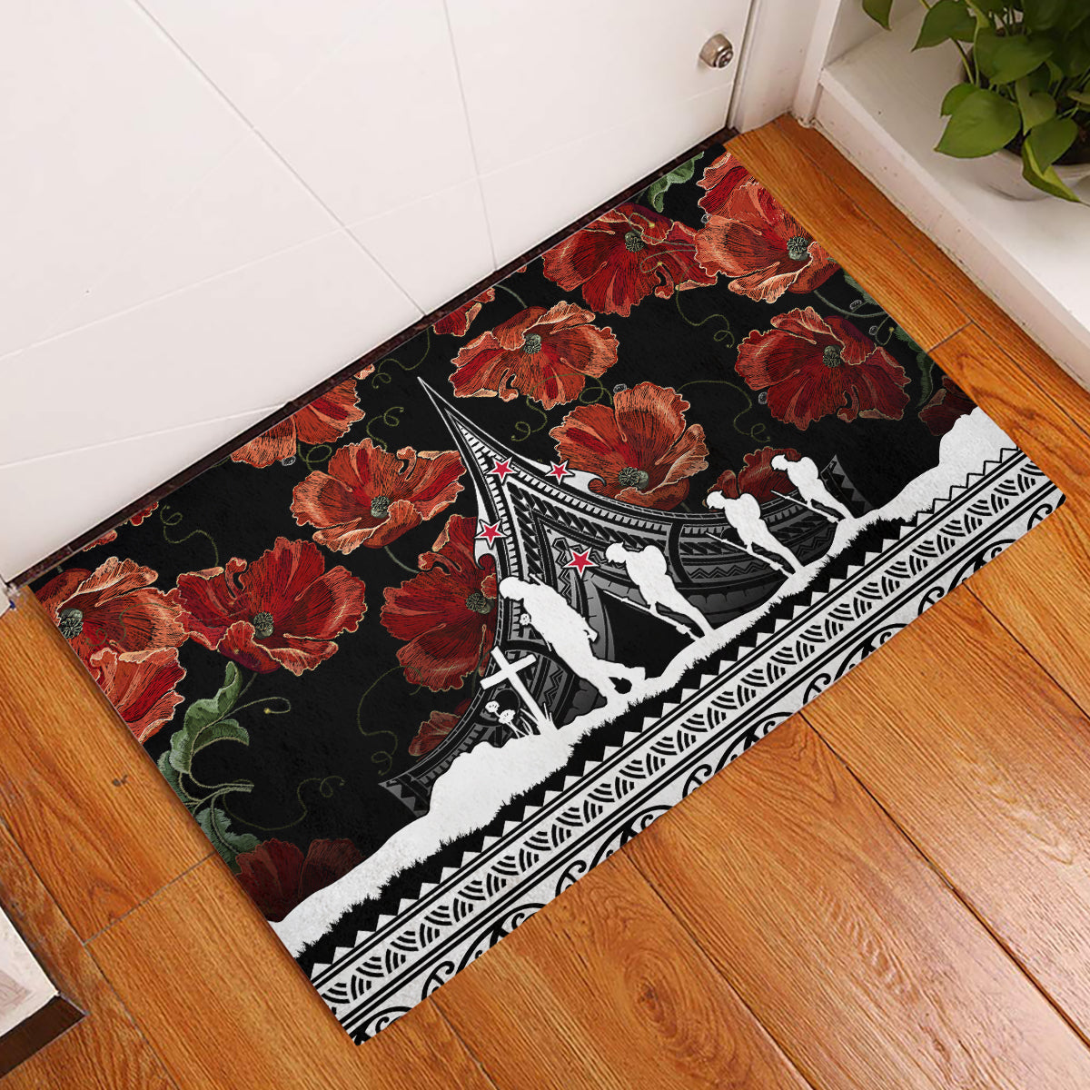 New Zealand ANZAC Day Rubber Doormat Poppy With Polynesian Pattern - Wonder Print Shop