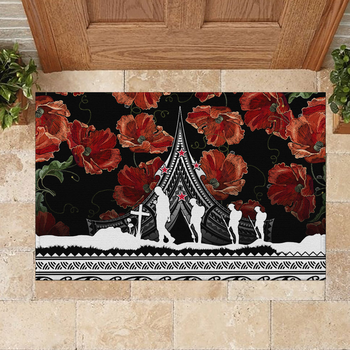 New Zealand ANZAC Day Rubber Doormat Poppy With Polynesian Pattern - Wonder Print Shop
