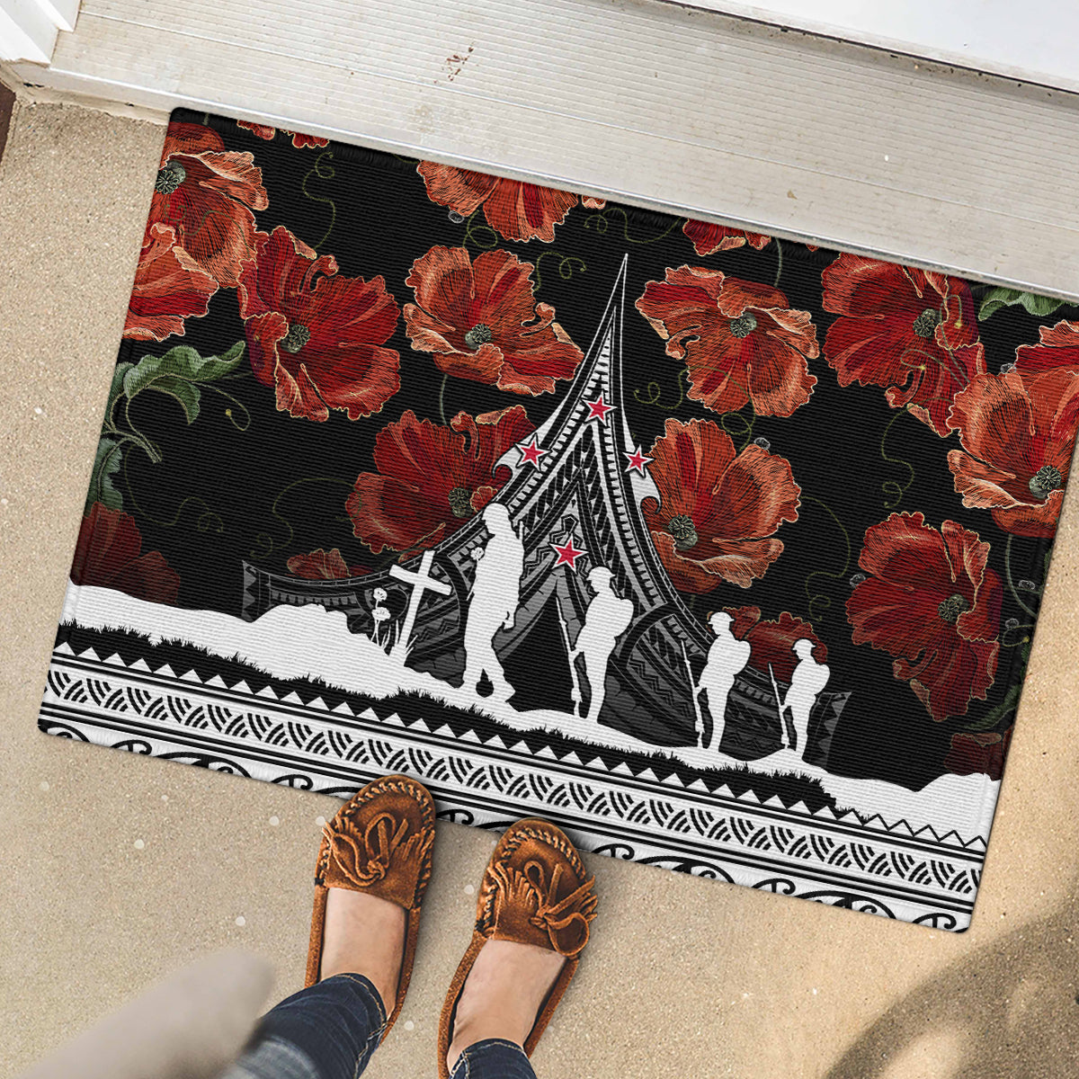 New Zealand ANZAC Day Rubber Doormat Poppy With Polynesian Pattern - Wonder Print Shop