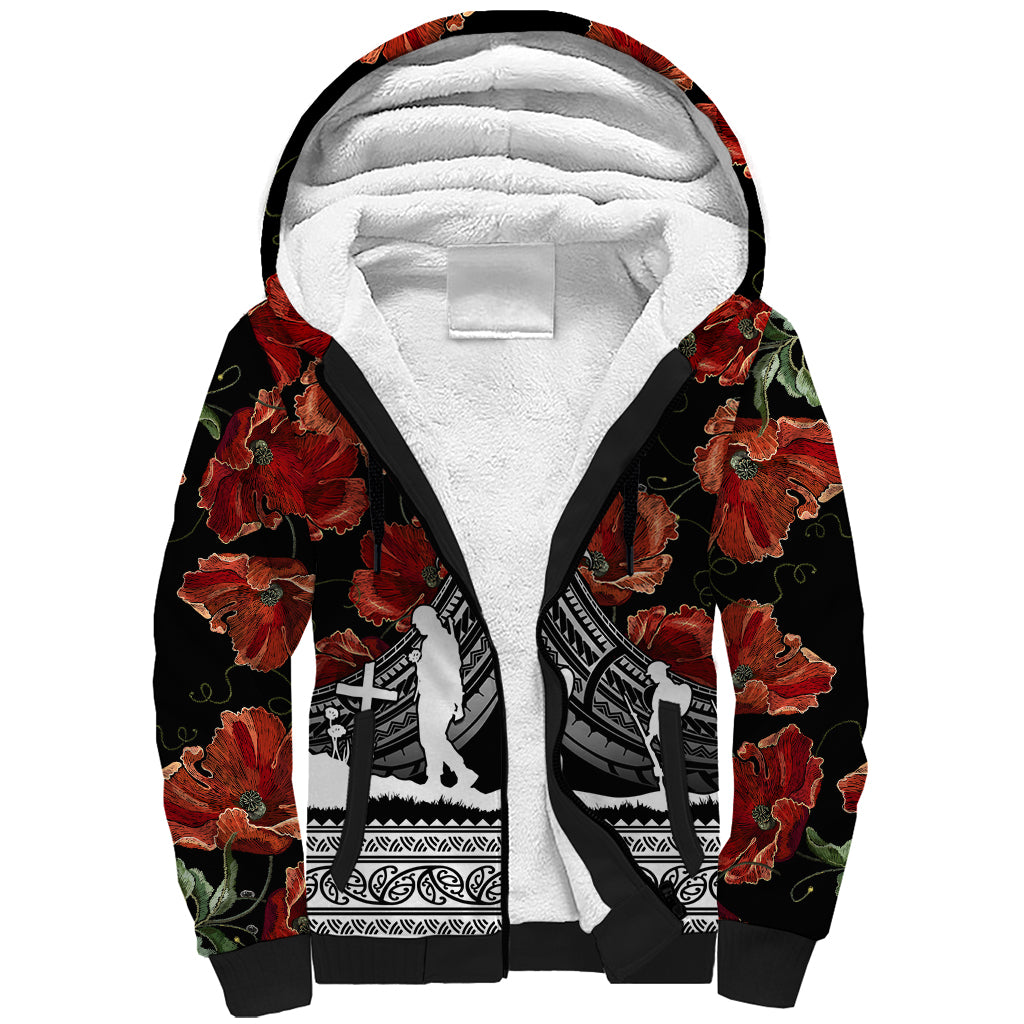 New Zealand ANZAC Day Sherpa Hoodie Poppy With Polynesian Pattern - Wonder Print Shop