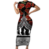 New Zealand ANZAC Day Short Sleeve Bodycon Dress Poppy With Polynesian Pattern - Wonder Print Shop