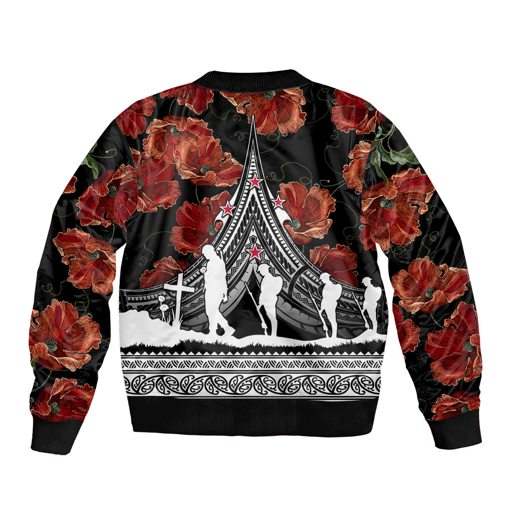 New Zealand ANZAC Day Sleeve Zip Bomber Jacket Poppy With Polynesian Pattern - Wonder Print Shop