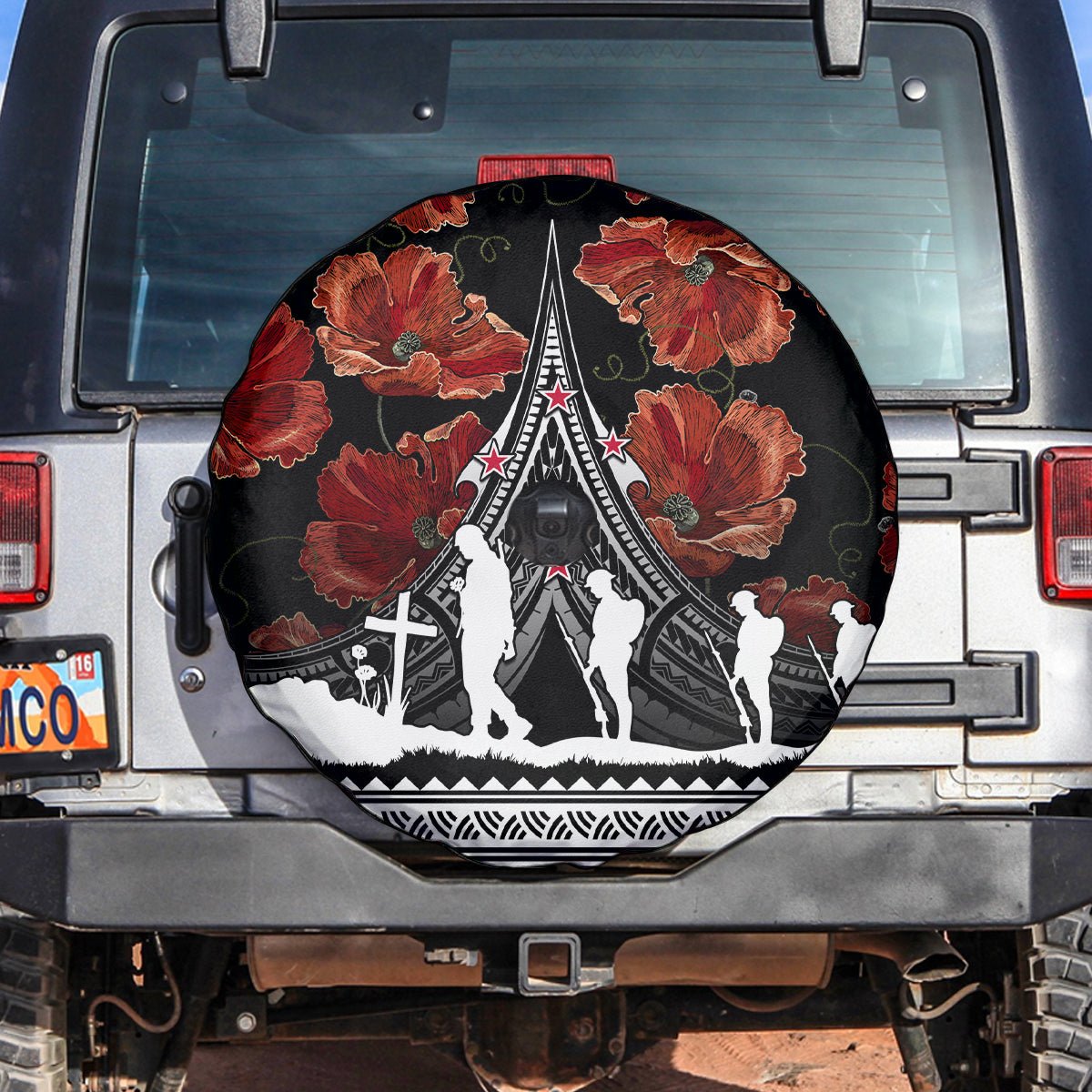 New Zealand ANZAC Day Spare Tire Cover Poppy With Polynesian Pattern - Wonder Print Shop