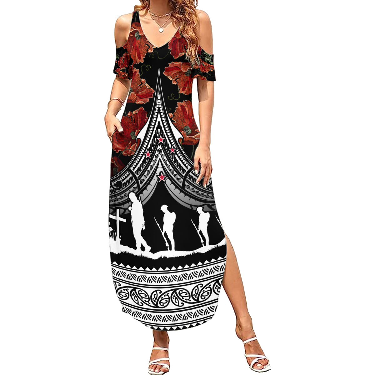 New Zealand ANZAC Day Summer Maxi Dress Poppy With Polynesian Pattern - Wonder Print Shop