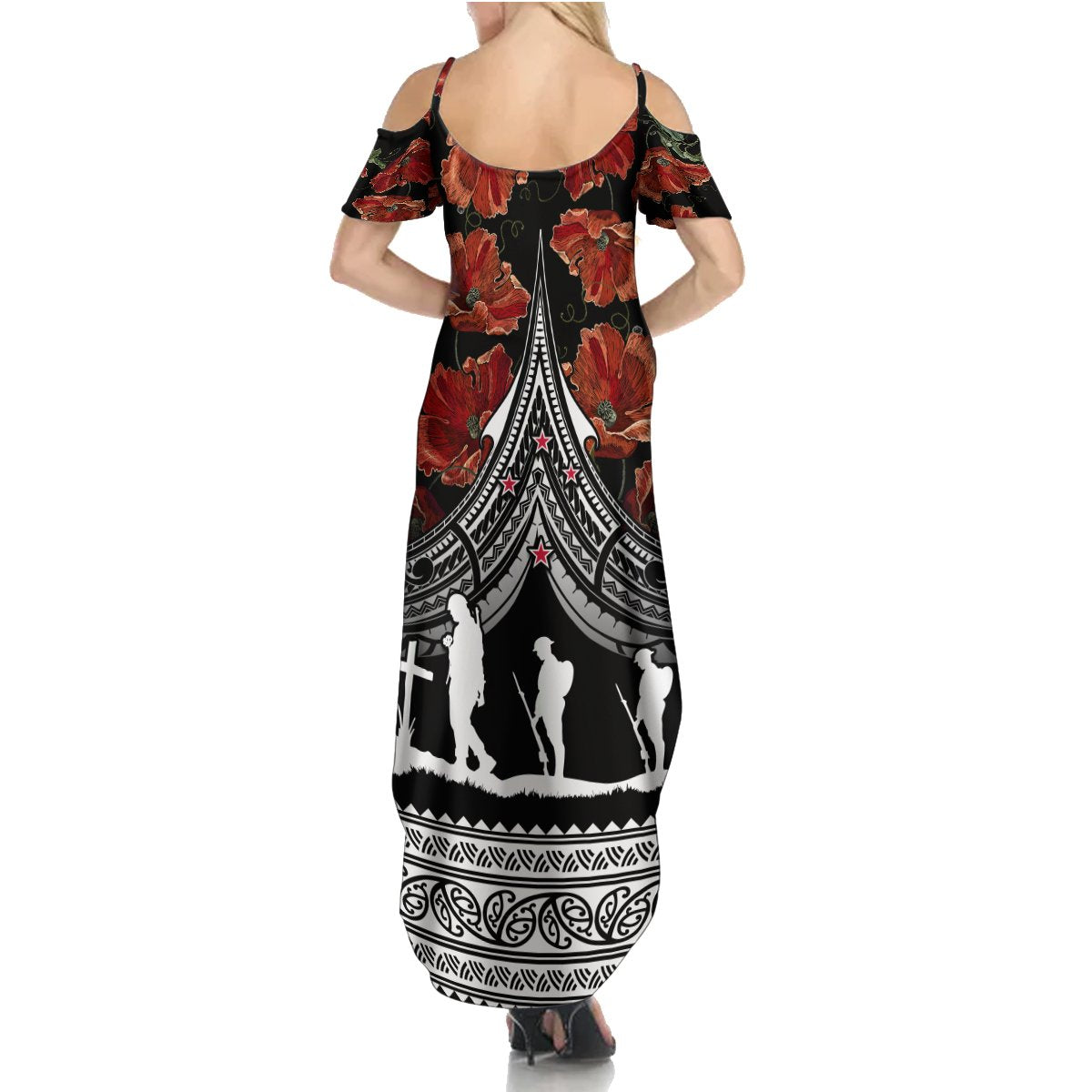 New Zealand ANZAC Day Summer Maxi Dress Poppy With Polynesian Pattern - Wonder Print Shop