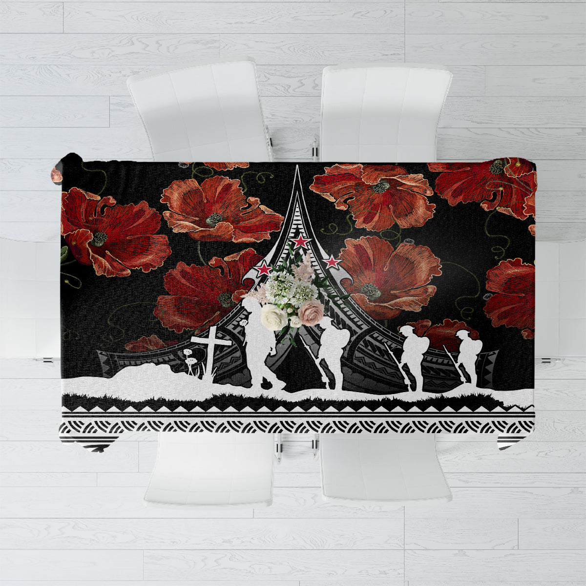 New Zealand ANZAC Day Tablecloth Poppy With Polynesian Pattern - Wonder Print Shop