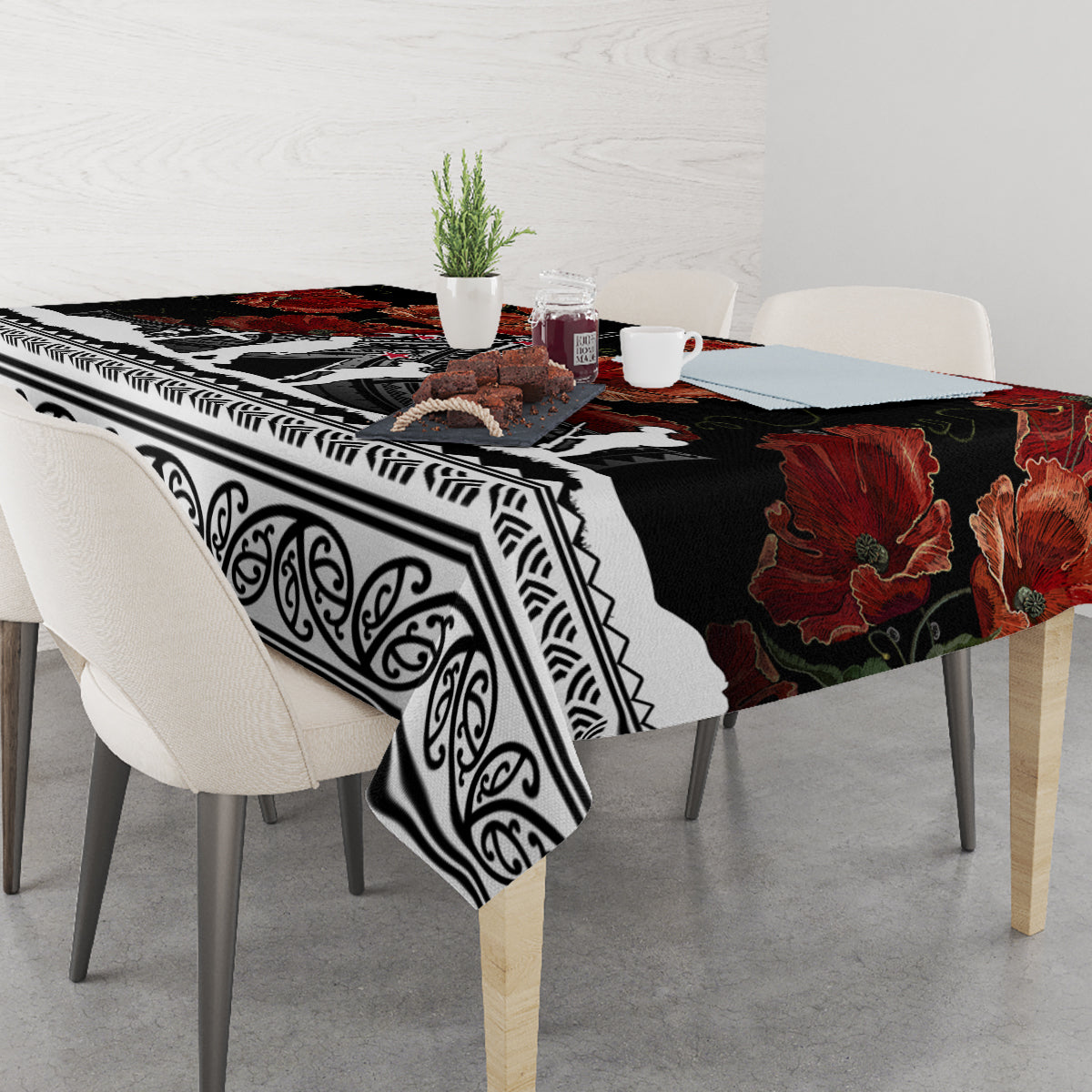New Zealand ANZAC Day Tablecloth Poppy With Polynesian Pattern - Wonder Print Shop