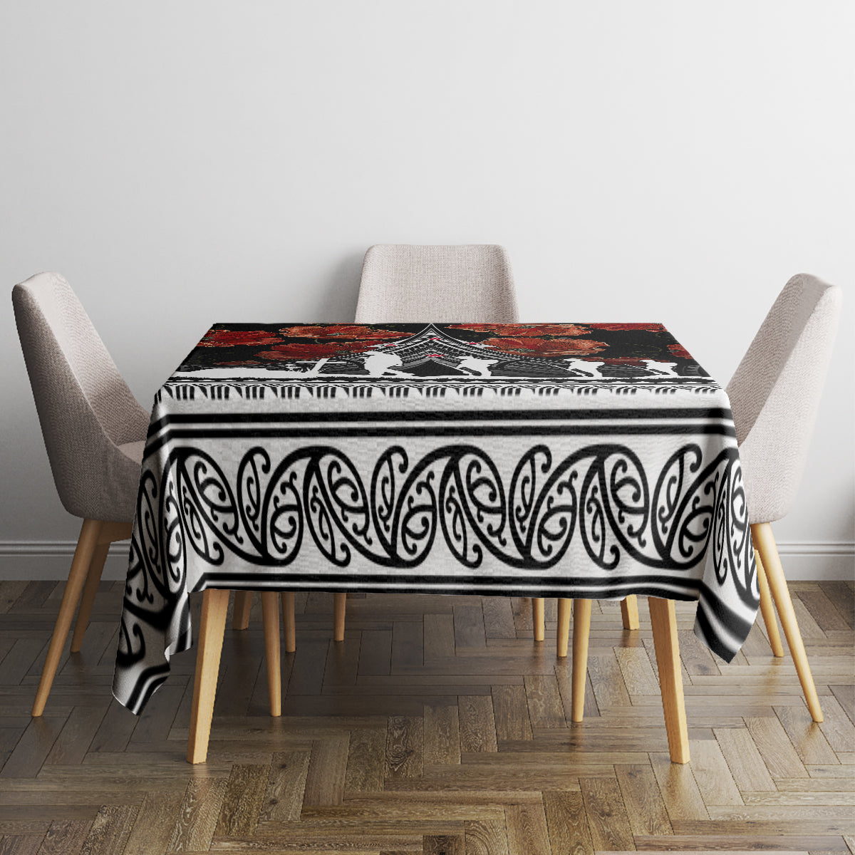New Zealand ANZAC Day Tablecloth Poppy With Polynesian Pattern - Wonder Print Shop