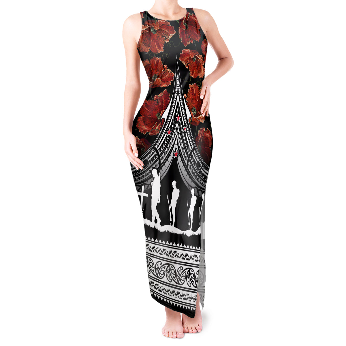 New Zealand ANZAC Day Tank Maxi Dress Poppy With Polynesian Pattern - Wonder Print Shop