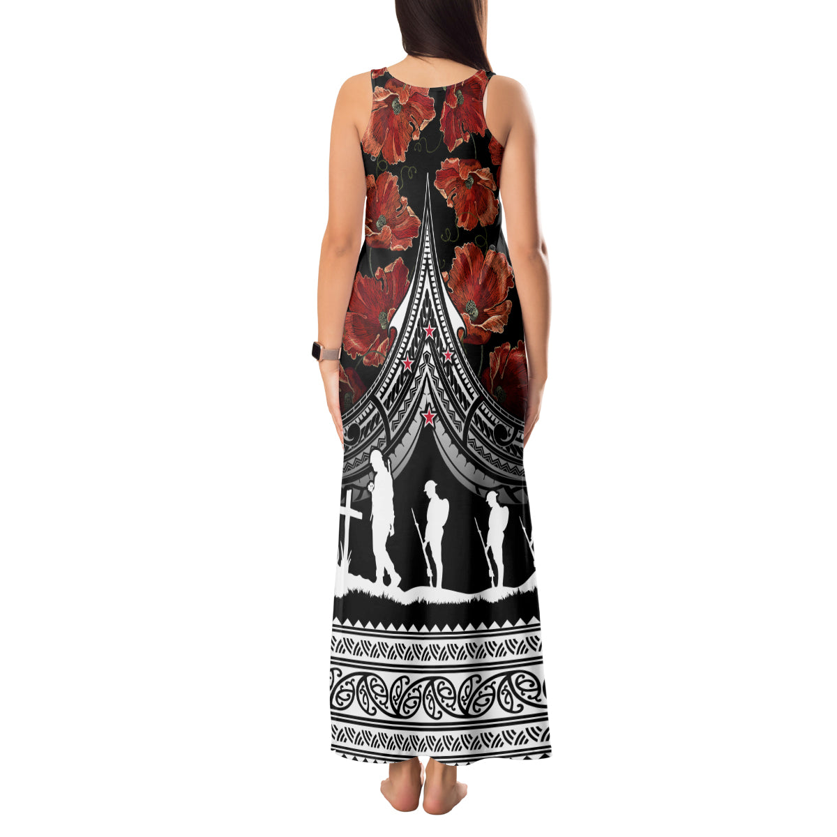 New Zealand ANZAC Day Tank Maxi Dress Poppy With Polynesian Pattern - Wonder Print Shop
