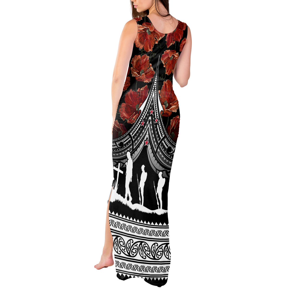 New Zealand ANZAC Day Tank Maxi Dress Poppy With Polynesian Pattern - Wonder Print Shop