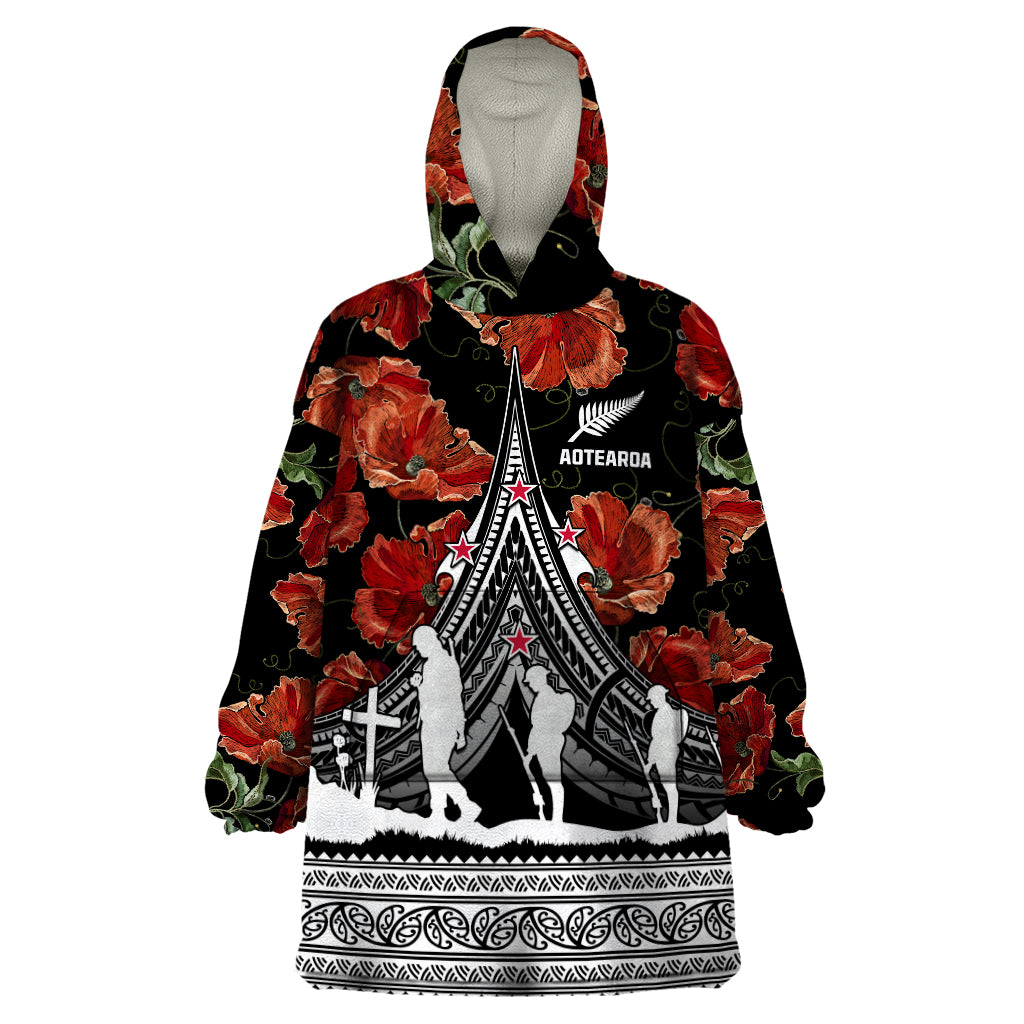 New Zealand ANZAC Day Wearable Blanket Hoodie Poppy With Polynesian Pattern - Wonder Print Shop