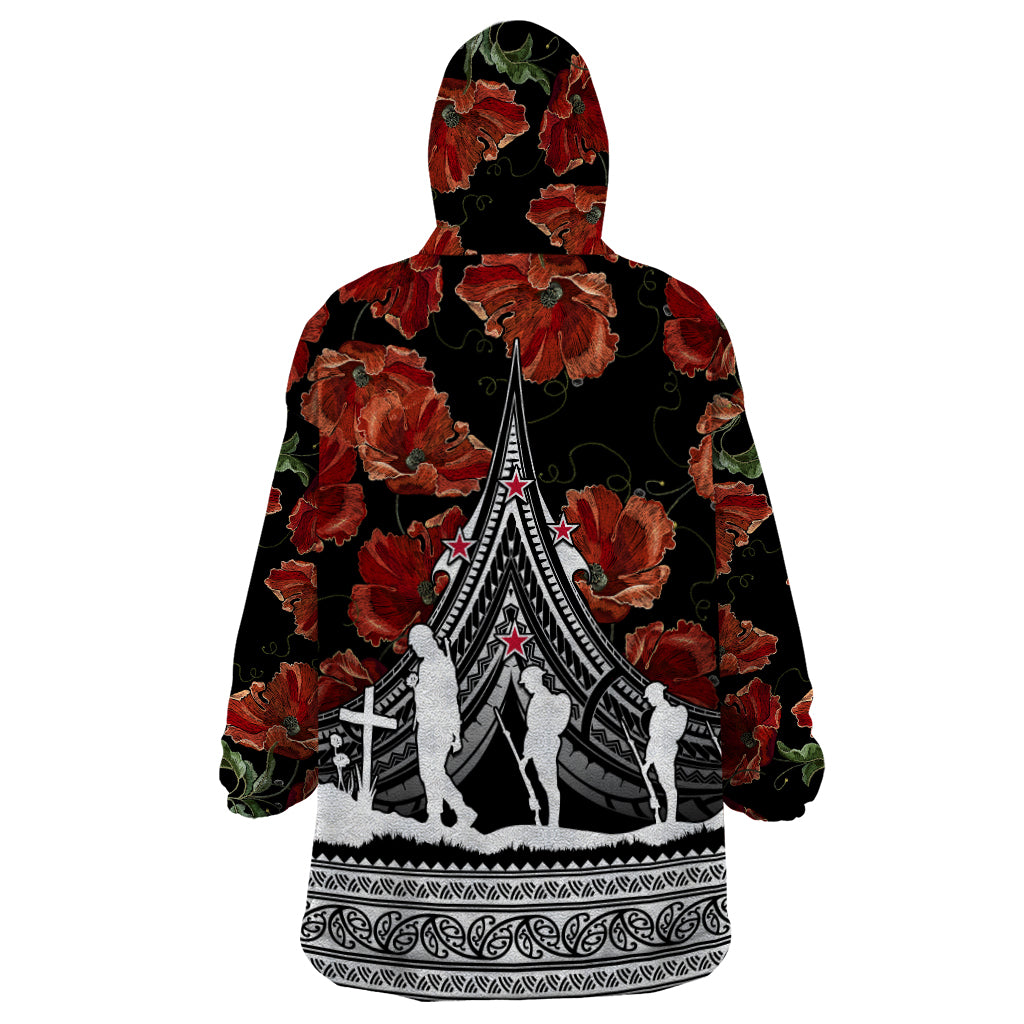 New Zealand ANZAC Day Wearable Blanket Hoodie Poppy With Polynesian Pattern - Wonder Print Shop