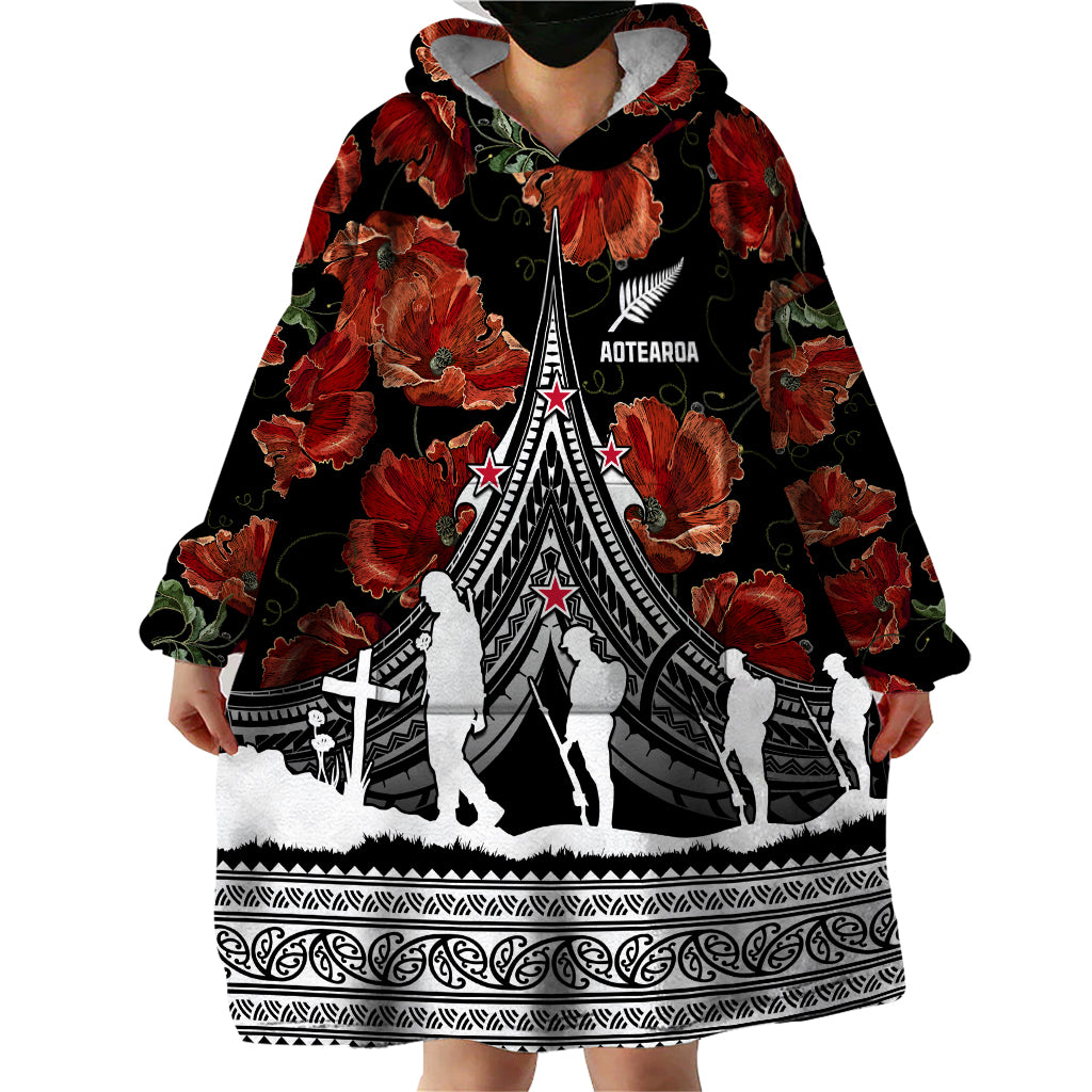 New Zealand ANZAC Day Wearable Blanket Hoodie Poppy With Polynesian Pattern - Wonder Print Shop