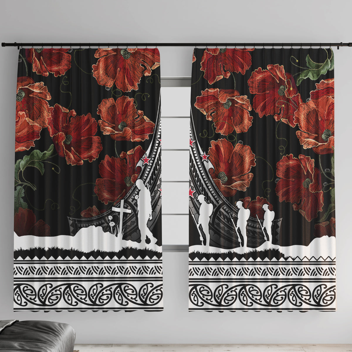 New Zealand ANZAC Day Window Curtain Poppy With Polynesian Pattern - Wonder Print Shop