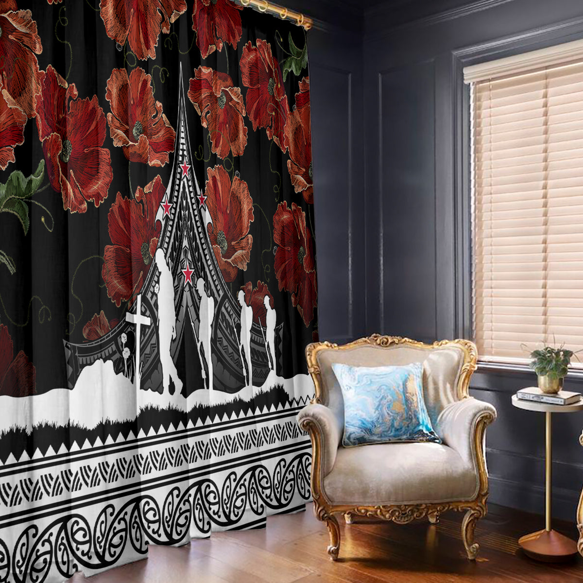 New Zealand ANZAC Day Window Curtain Poppy With Polynesian Pattern - Wonder Print Shop