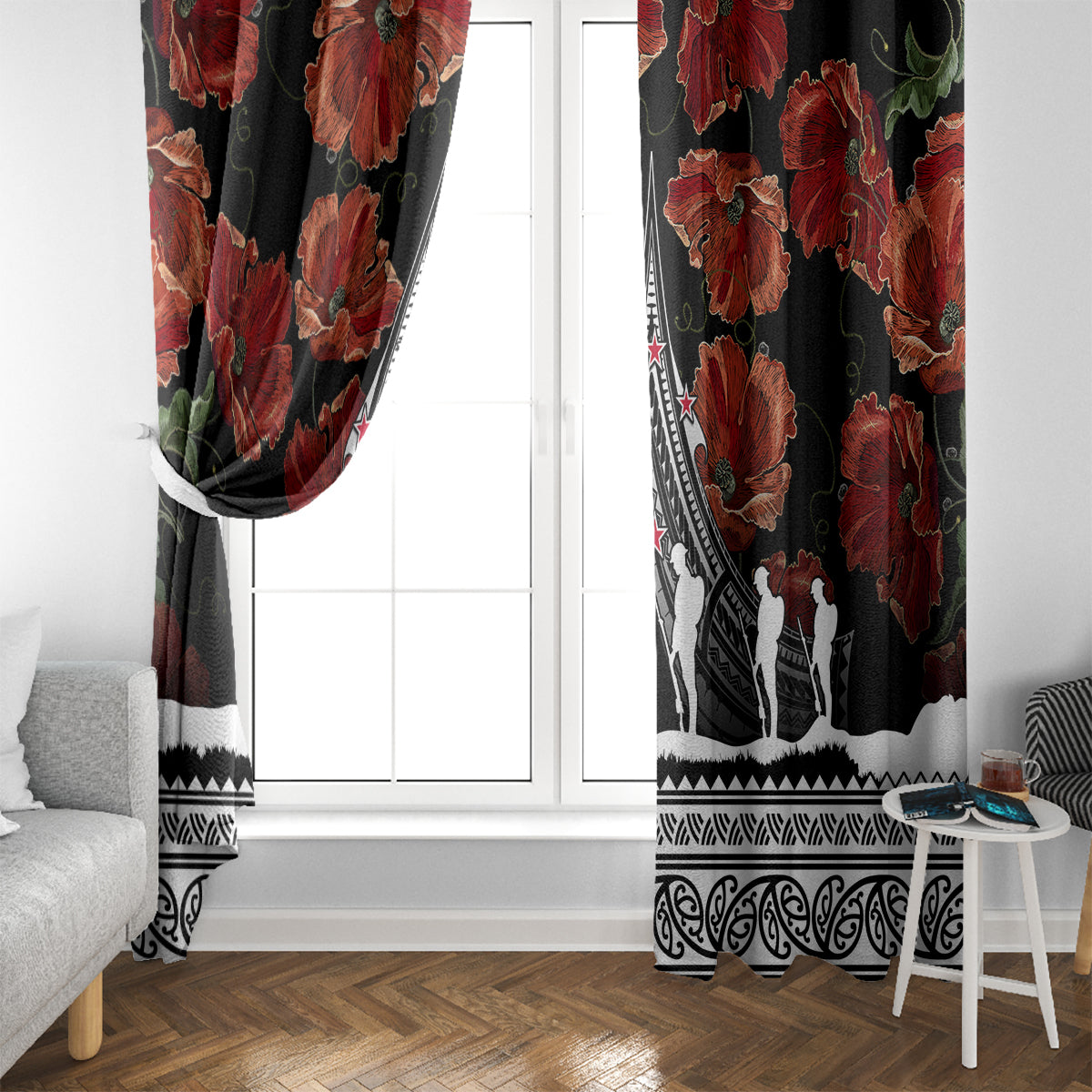 New Zealand ANZAC Day Window Curtain Poppy With Polynesian Pattern - Wonder Print Shop