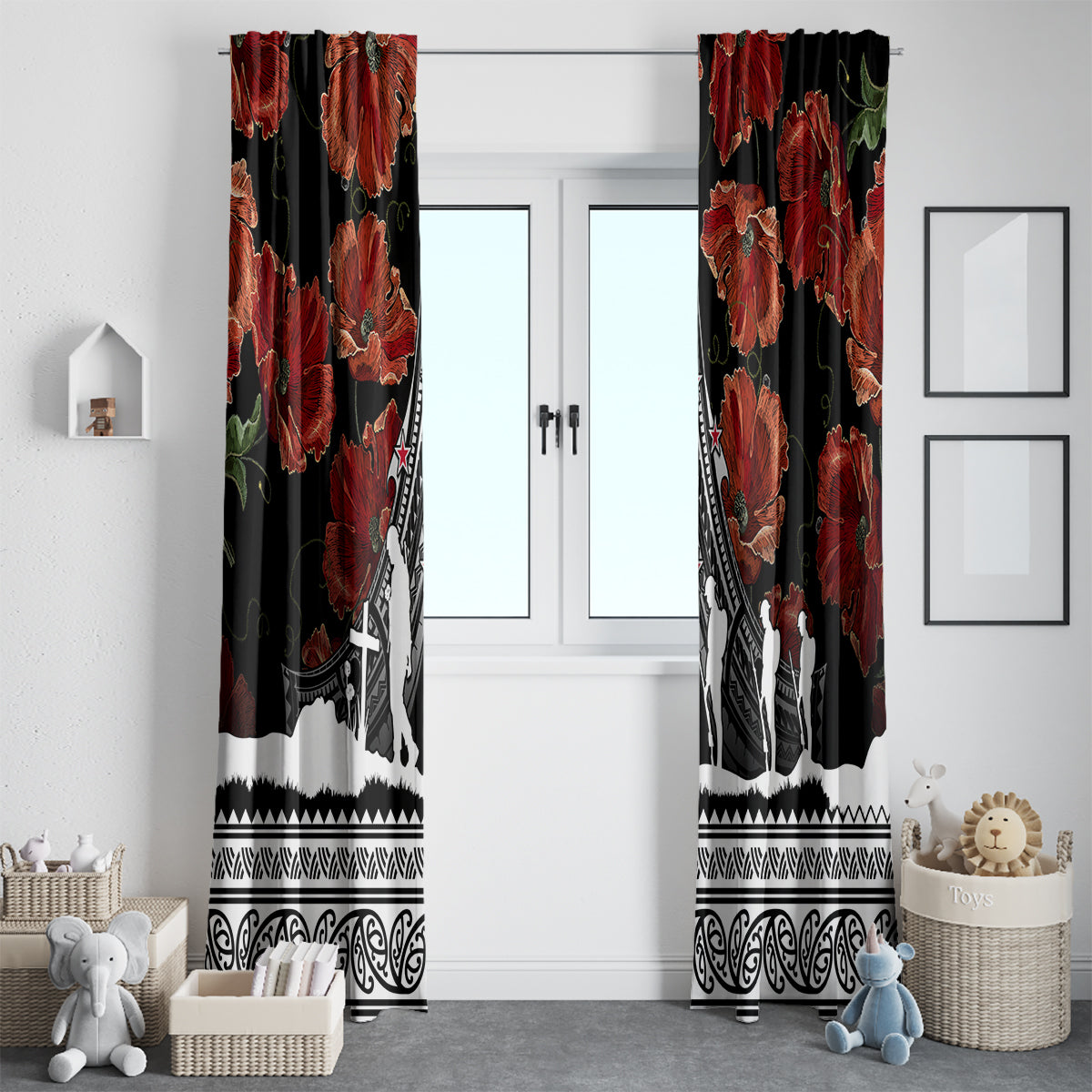 New Zealand ANZAC Day Window Curtain Poppy With Polynesian Pattern - Wonder Print Shop
