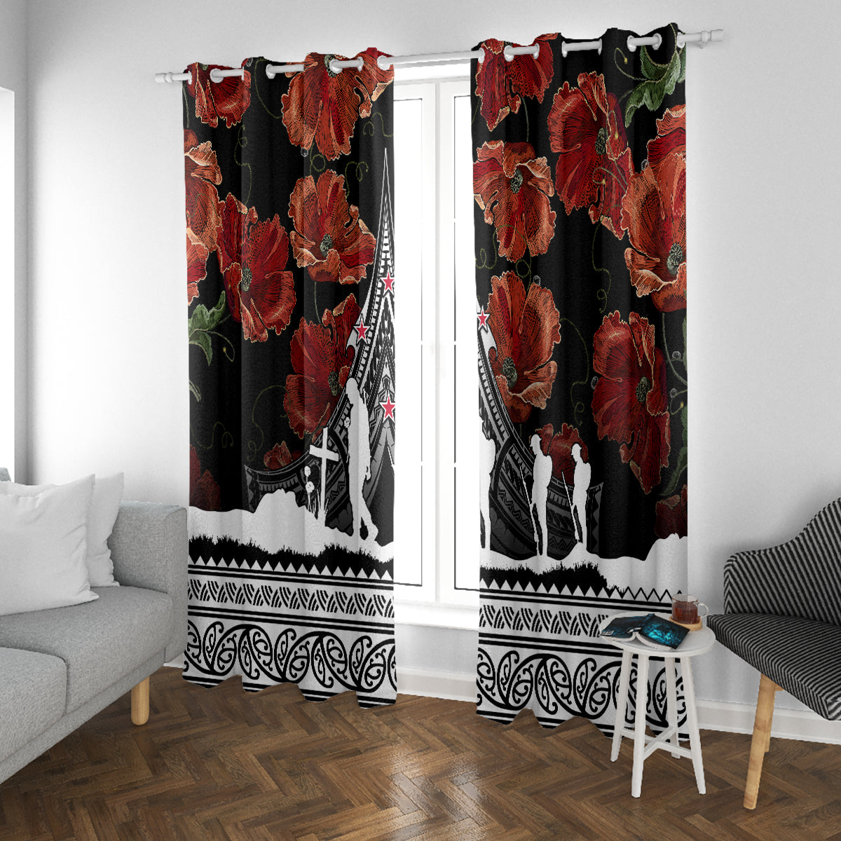 New Zealand ANZAC Day Window Curtain Poppy With Polynesian Pattern - Wonder Print Shop