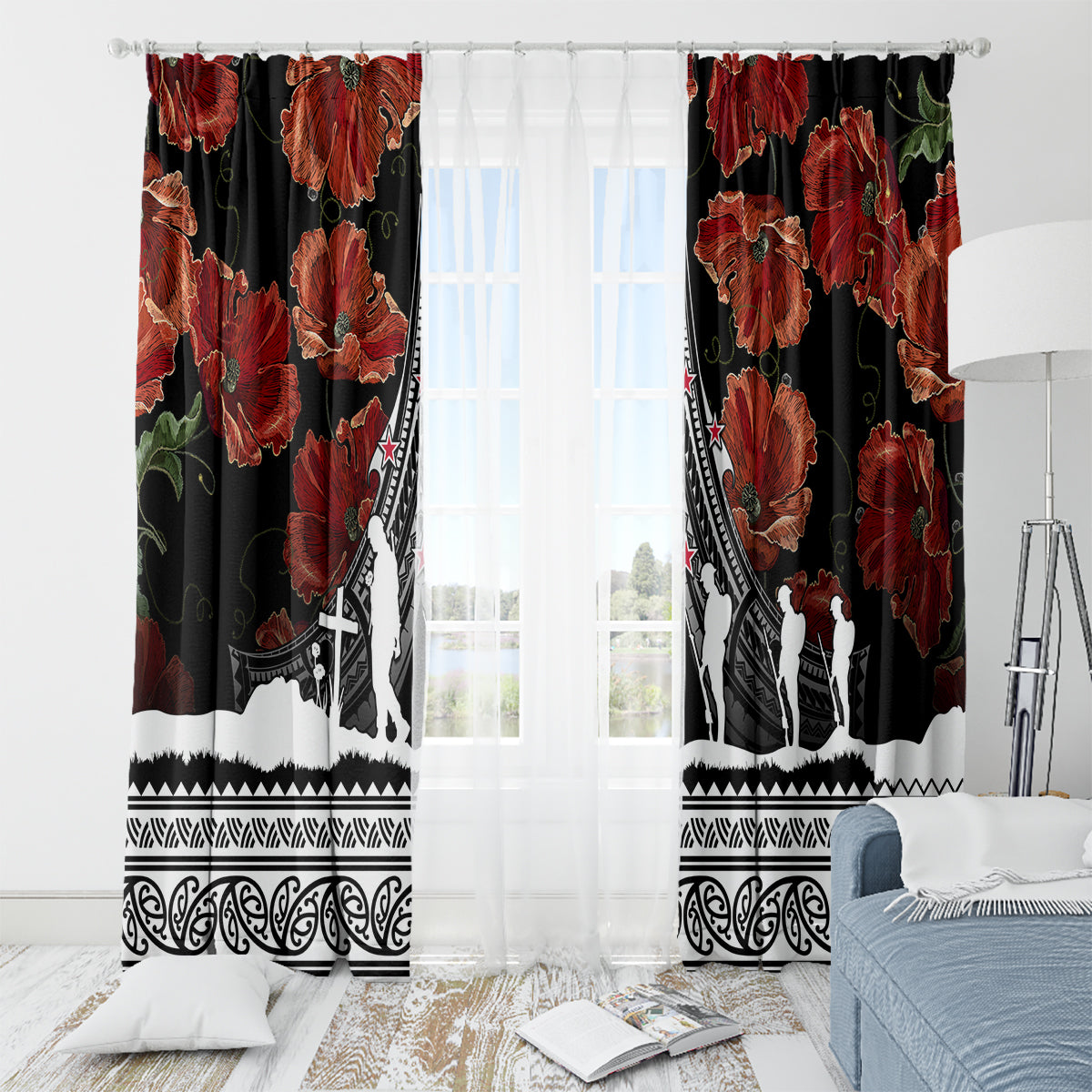 New Zealand ANZAC Day Window Curtain Poppy With Polynesian Pattern - Wonder Print Shop