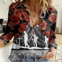 New Zealand ANZAC Day Women Casual Shirt Poppy With Polynesian Pattern - Wonder Print Shop