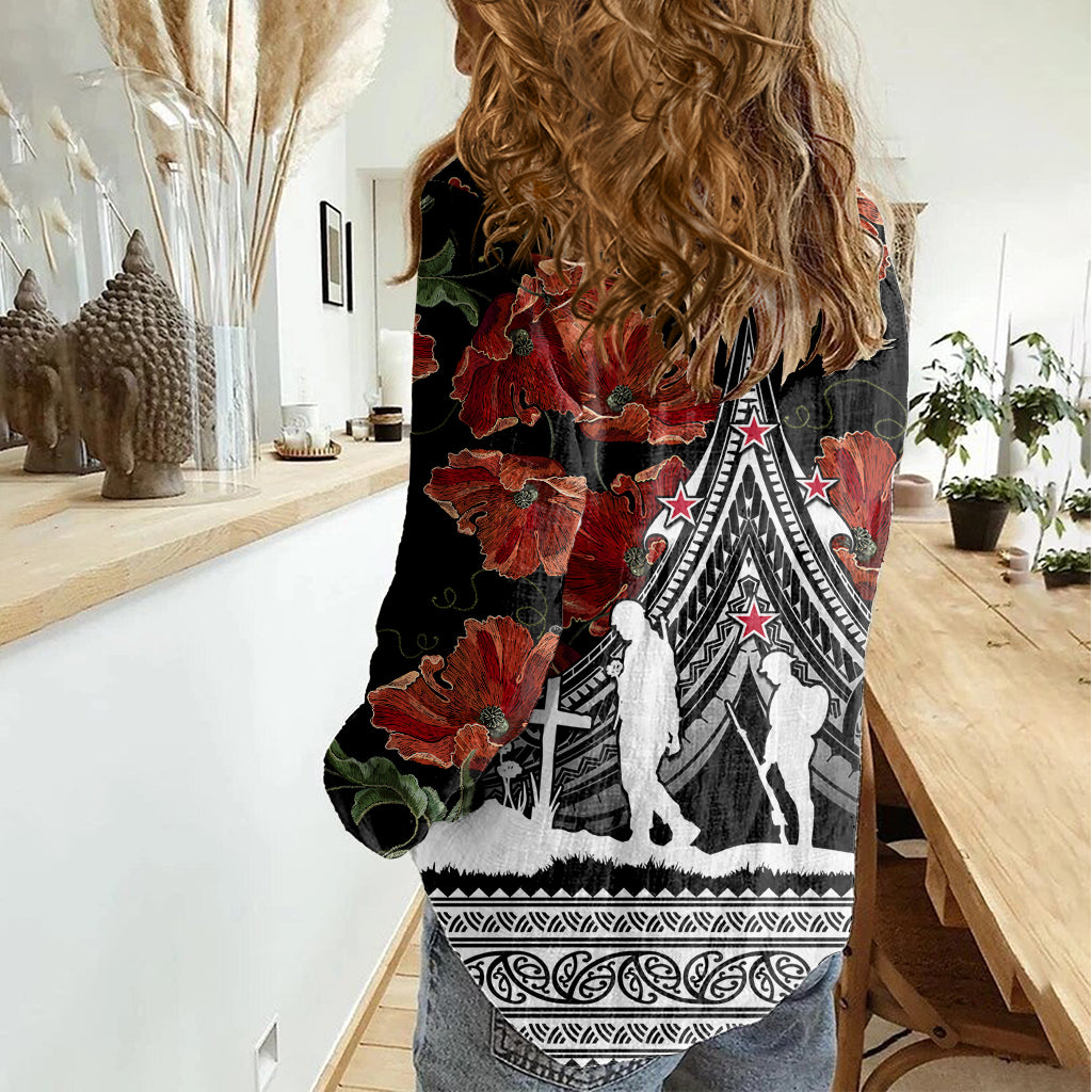 New Zealand ANZAC Day Women Casual Shirt Poppy With Polynesian Pattern - Wonder Print Shop