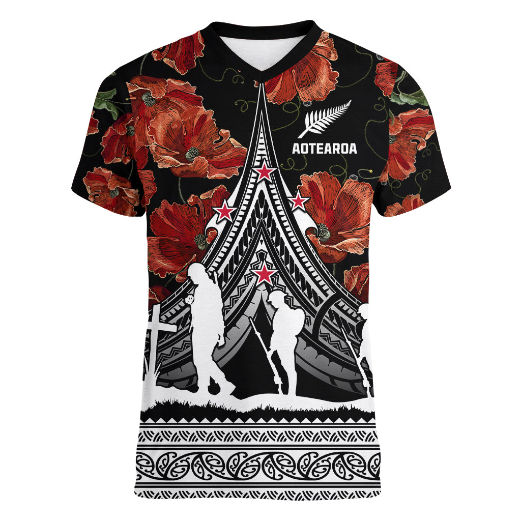 New Zealand ANZAC Day Women V Neck T Shirt Poppy With Polynesian Pattern - Wonder Print Shop