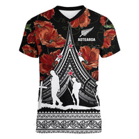 New Zealand ANZAC Day Women V Neck T Shirt Poppy With Polynesian Pattern - Wonder Print Shop