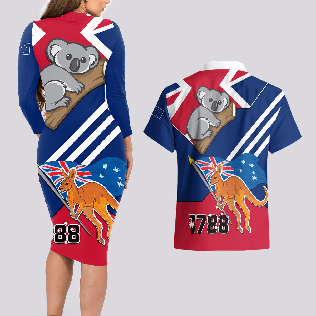 Australia Day Kangaroo and Koala With Flag Couples Matching Long Sleeve Bodycon Dress and Hawaiian Shirt - Wonder Print Shop