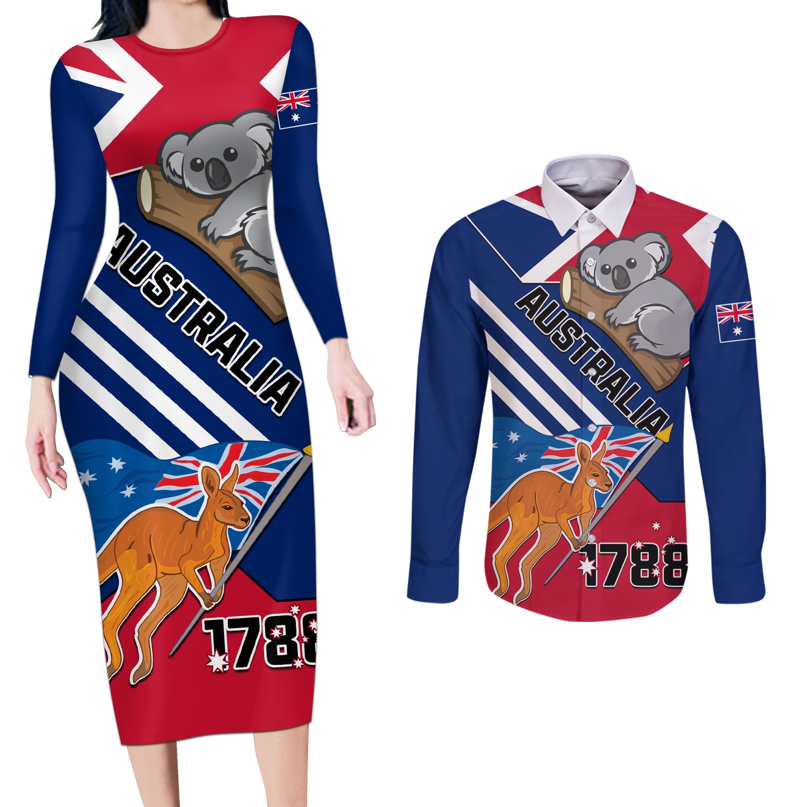 Australia Day Kangaroo and Koala With Flag Couples Matching Long Sleeve Bodycon Dress and Long Sleeve Button Shirt - Wonder Print Shop