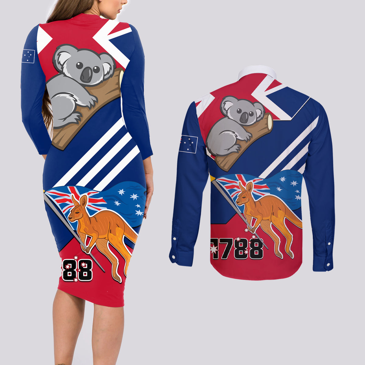 Australia Day Kangaroo and Koala With Flag Couples Matching Long Sleeve Bodycon Dress and Long Sleeve Button Shirt - Wonder Print Shop