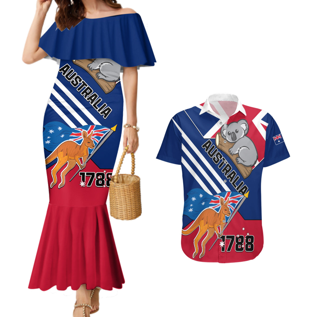 Australia Day Kangaroo and Koala With Flag Couples Matching Mermaid Dress and Hawaiian Shirt - Wonder Print Shop