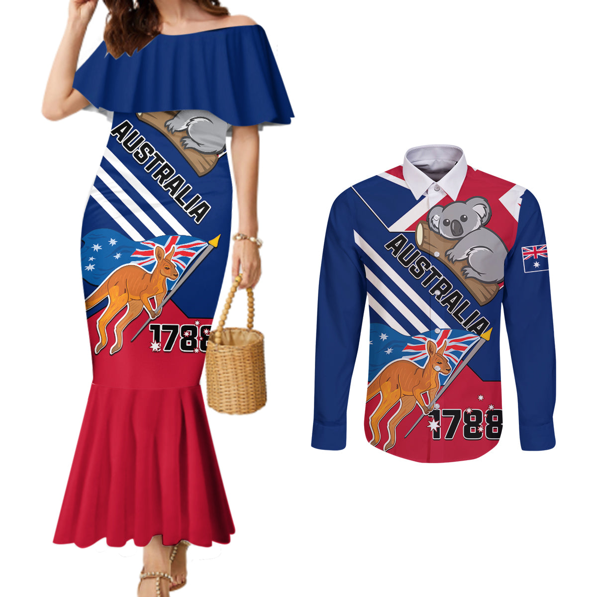 australia-day-kangaroo-and-koala-with-flag-couples-matching-mermaid-dress-and-long-sleeve-button-shirt