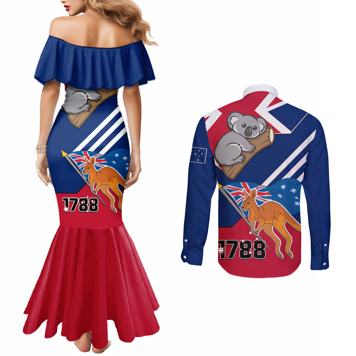 australia-day-kangaroo-and-koala-with-flag-couples-matching-mermaid-dress-and-long-sleeve-button-shirt