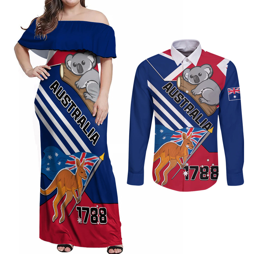 Australia Day Kangaroo and Koala With Flag Couples Matching Off Shoulder Maxi Dress and Long Sleeve Button Shirt - Wonder Print Shop