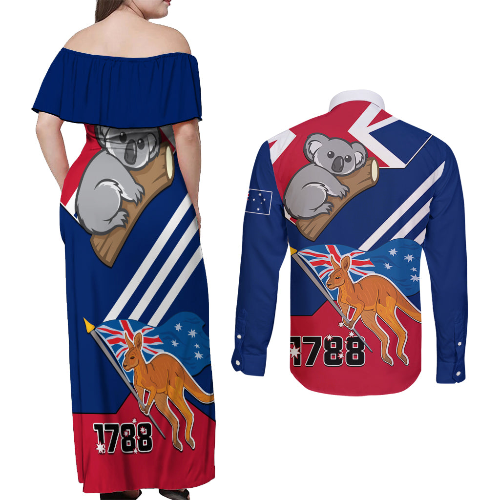 Australia Day Kangaroo and Koala With Flag Couples Matching Off Shoulder Maxi Dress and Long Sleeve Button Shirt - Wonder Print Shop