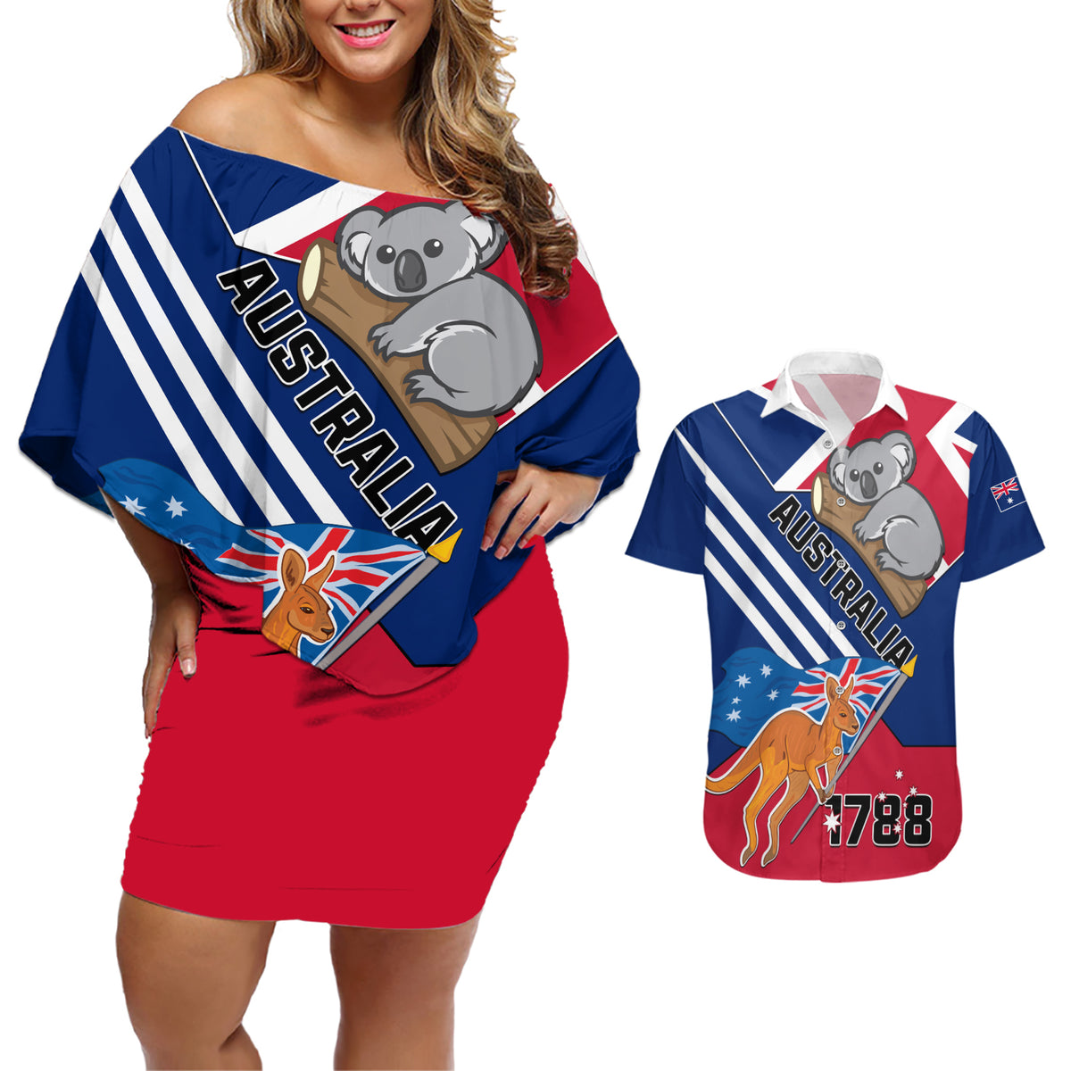 Australia Day Kangaroo and Koala With Flag Couples Matching Off Shoulder Short Dress and Hawaiian Shirt - Wonder Print Shop